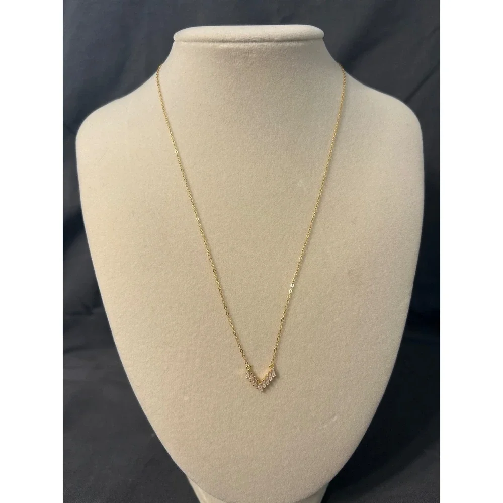 925 Sterling Silver Dainty CZ Baguette V Shape Pendant Necklace 14k Gold Plated